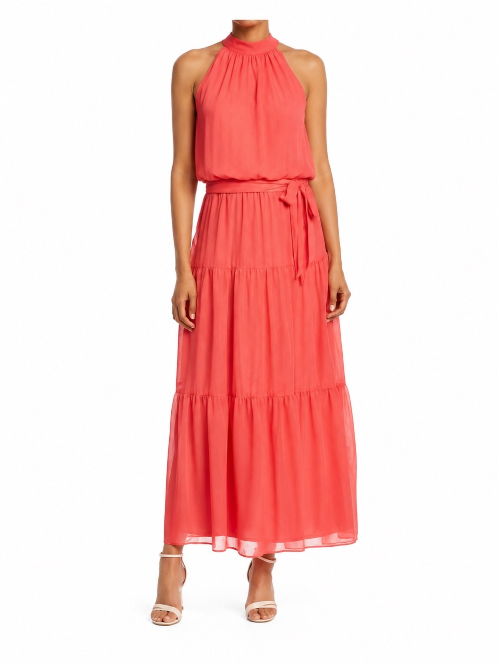 Julia Jordan Hot Coral Tiered Maxi Dress Size 6 NWOT Mock Neck Sleeveless Formal